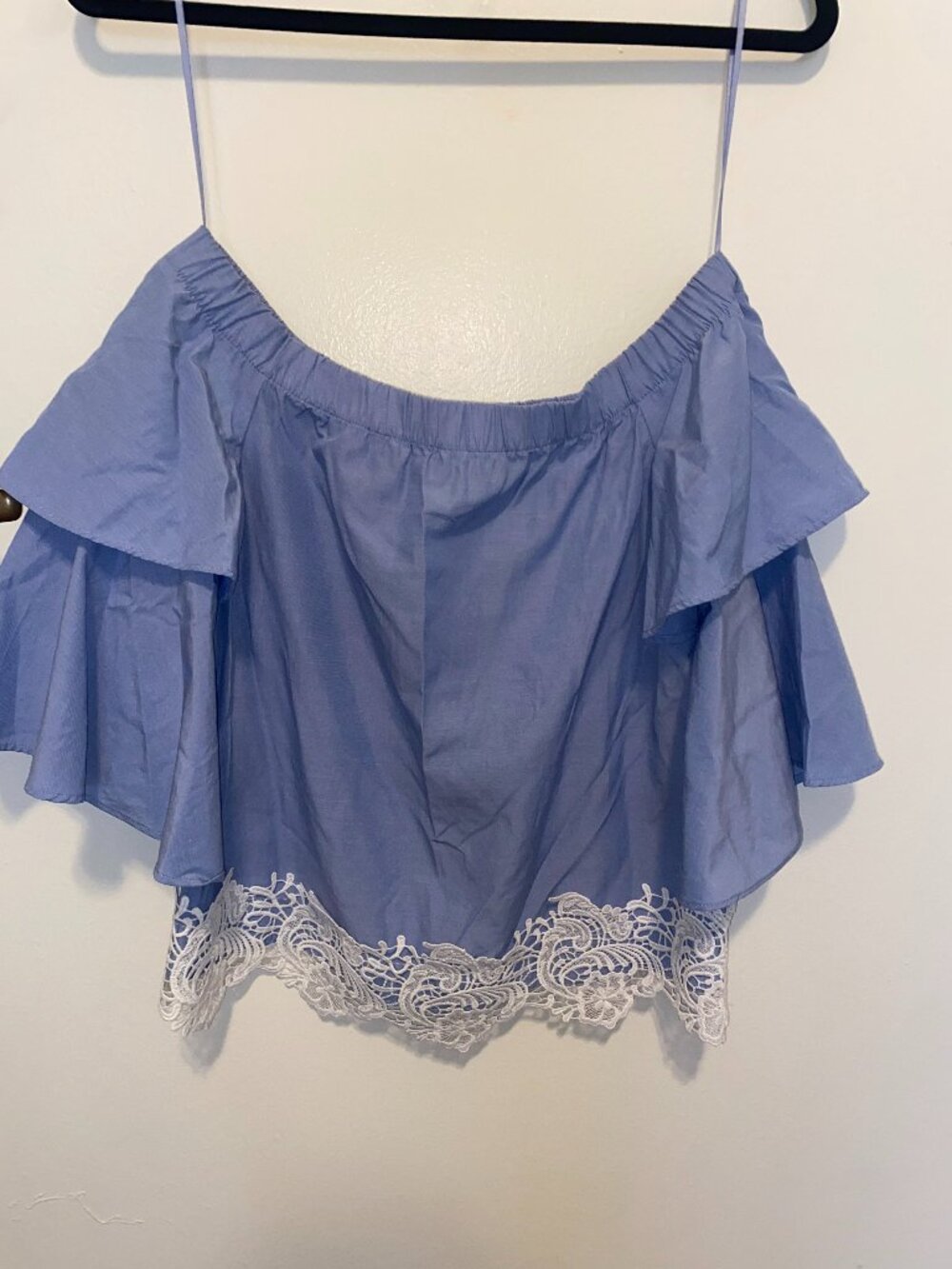 Zara Blue Off Shoulder Ruffle Sleeve Embroidered Top